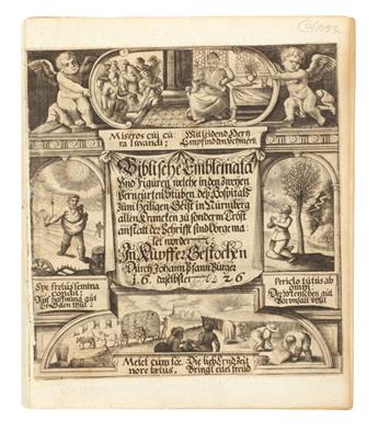 EMBLEM LITERATURE  PFANN, JOHANN. Biblische Emblemata und Figuren.  1626.  Lacks secondary title and 3 leaves of engraved text.